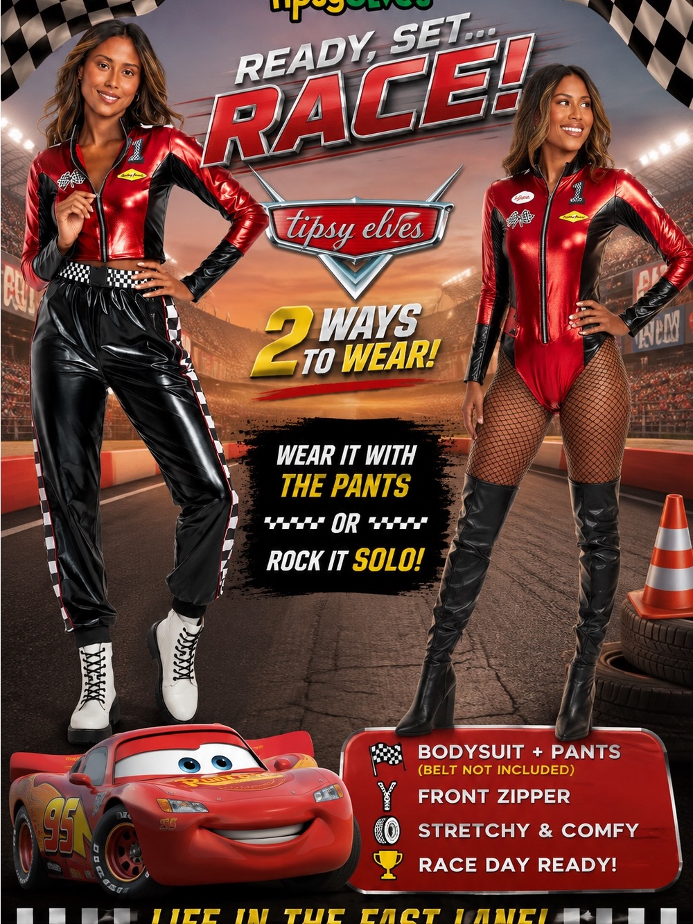 Tipsy Elves Red & Black Race Day Convertible Jumpsuit